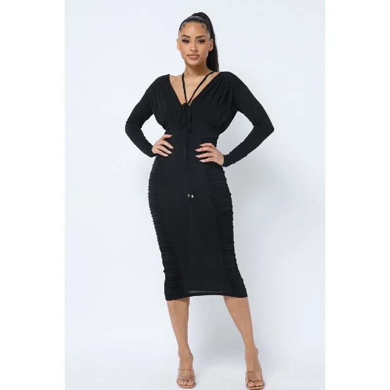 Casual DressBlack Long Sleeve Midi Dress with Low V-Neck and Back