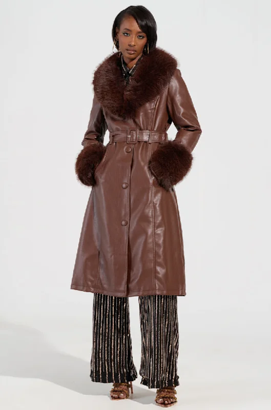 women's coats for fall and winter transitionsKAYA FUR LINED TRENCH IN BROWN