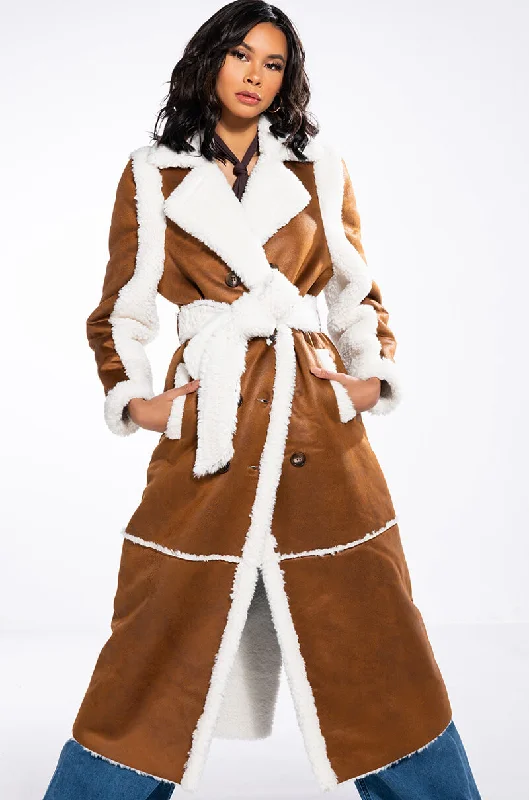 sustainable women's coatsOH NA NA SHEARLING SUEDE TRENCH COAT