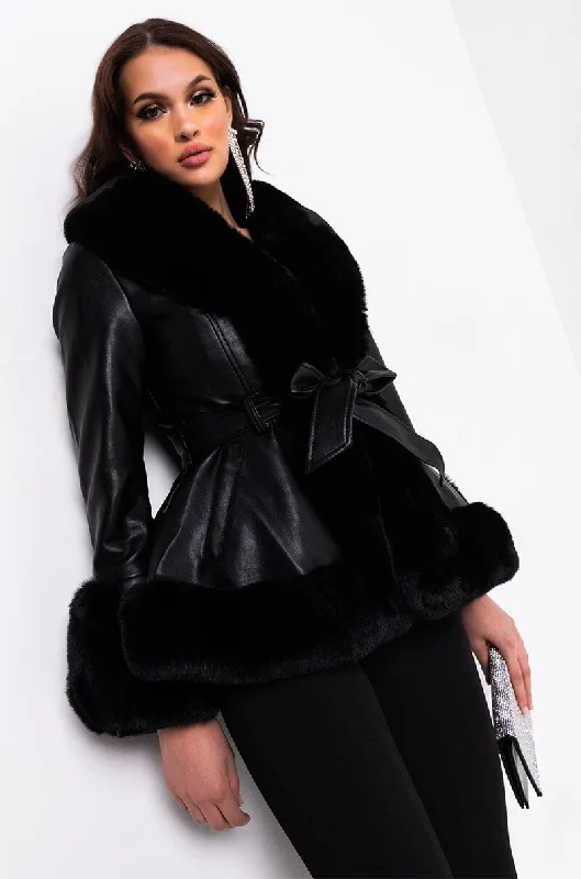 women's coats for winter sports enthusiastsAZALEA WANG FAUX FUR TRIM PEPLUM MOTO