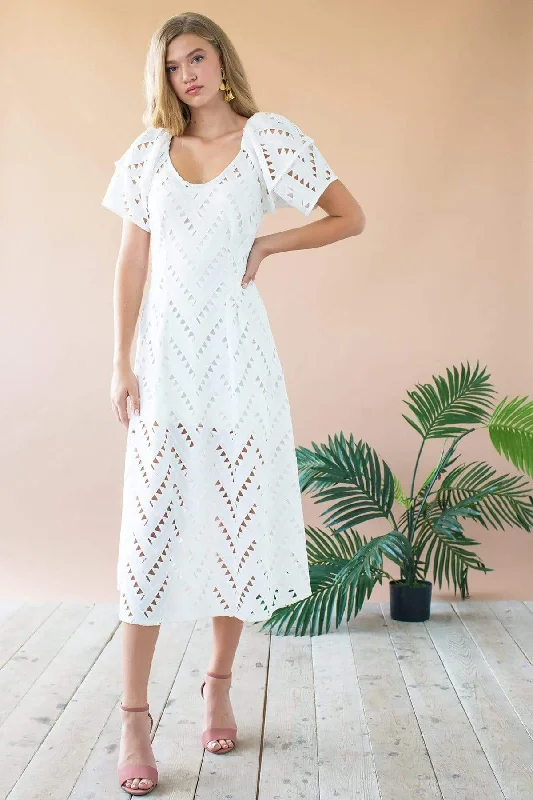 Button-Down DressSue Ellen Lantern Sleeve Midi Dress - White Nights Geo Cutwork Lace