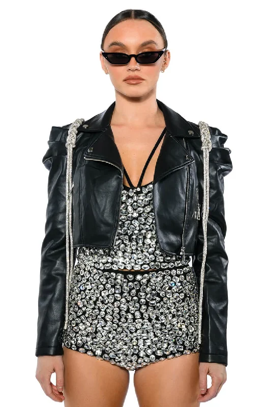 women's coats for tall womenMENELI MOTO WITH RHINESTONE BRAID