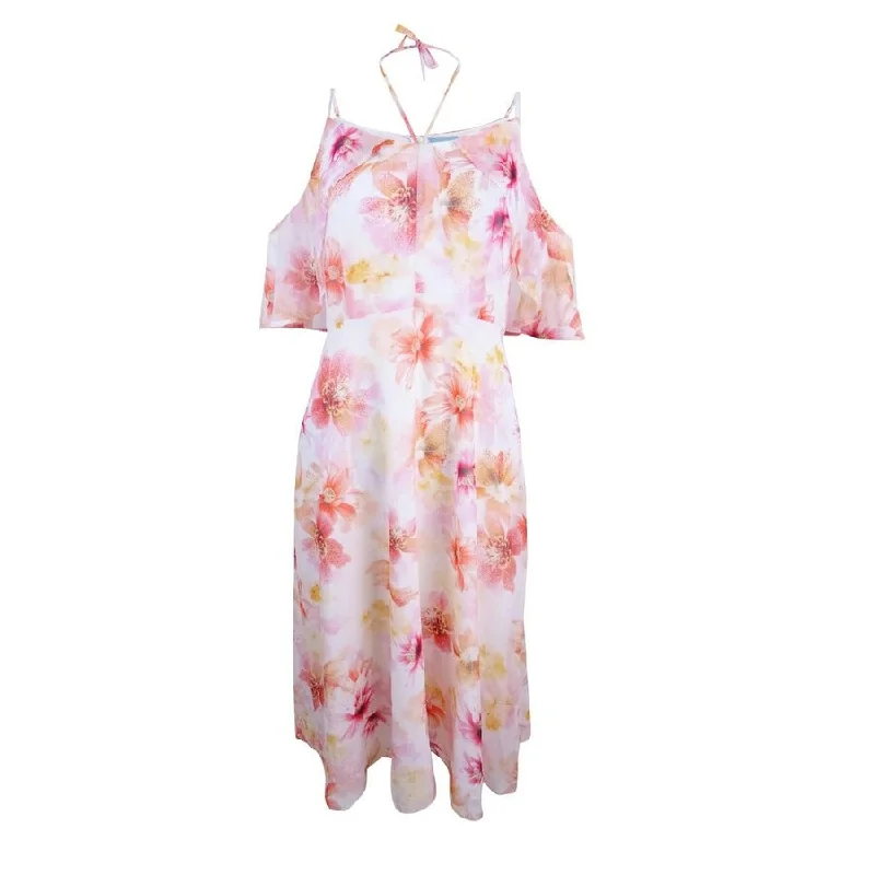 women's one-shoulder dressesCeCe Women's Floral Cold-Shoulder Chiffon Midi Dress