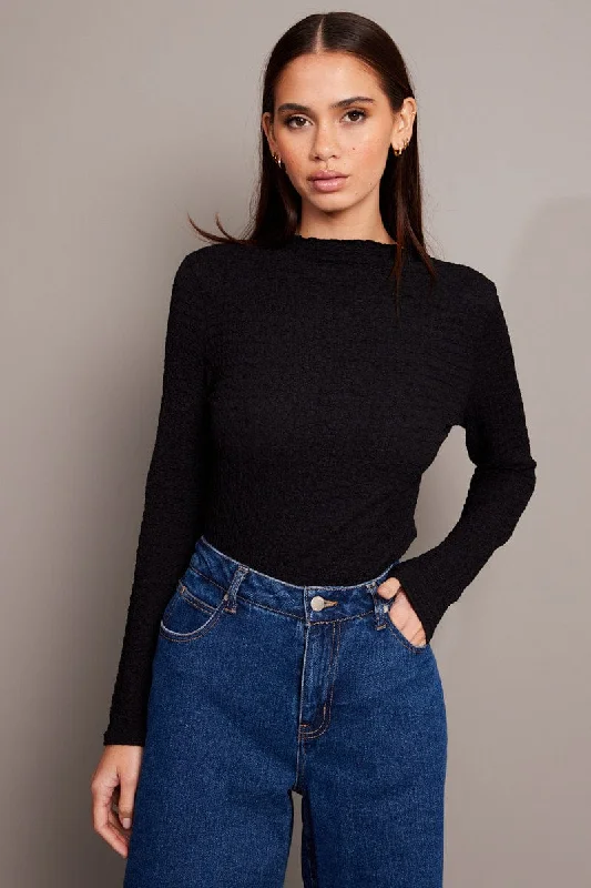 trendy women's topsBlack Textured Top Long Sleeve High Neck