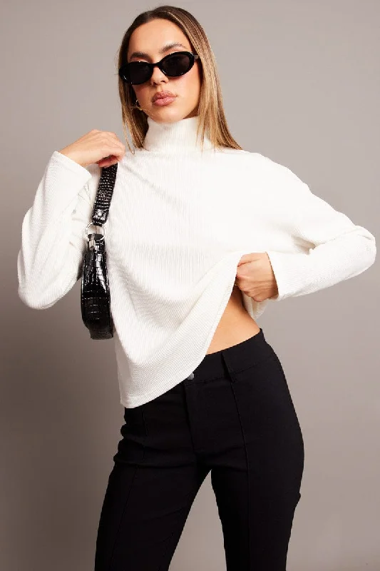 women's tops for those who want to create stylish and put-together outfits without spending a fortuneWhite Top High Neck Long Sleeve Relaxed Fit Rib Jersey