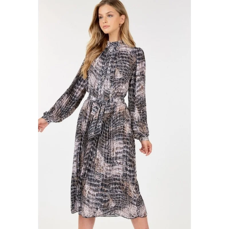 women's unique dressesLong Sleeve Pleated Snake Skin Print Midi Dress