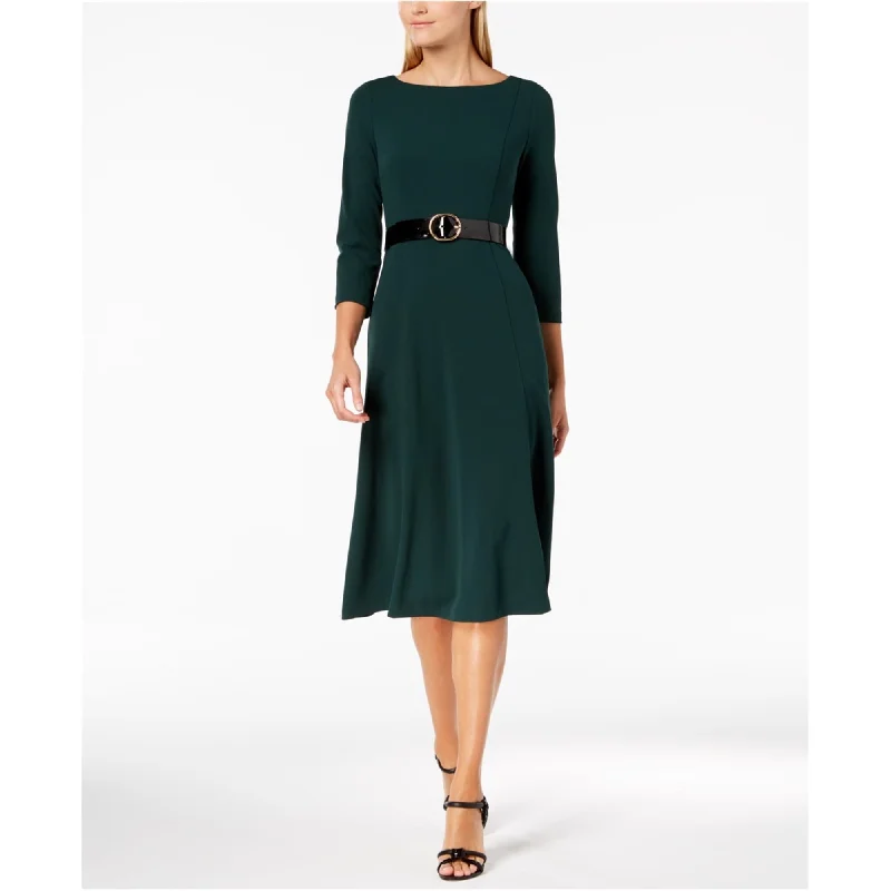 Petite DressCalvin Klein Womens Solid Belted Fit & Flare Midi Dress, Green, 2