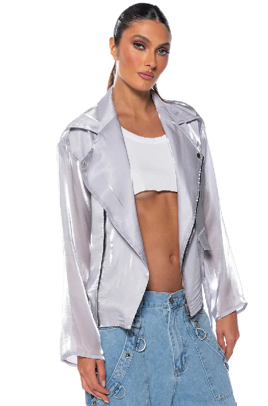 women's coats for those who want to make a fashion statementTELL ME MORE MESH MOTO JACKET