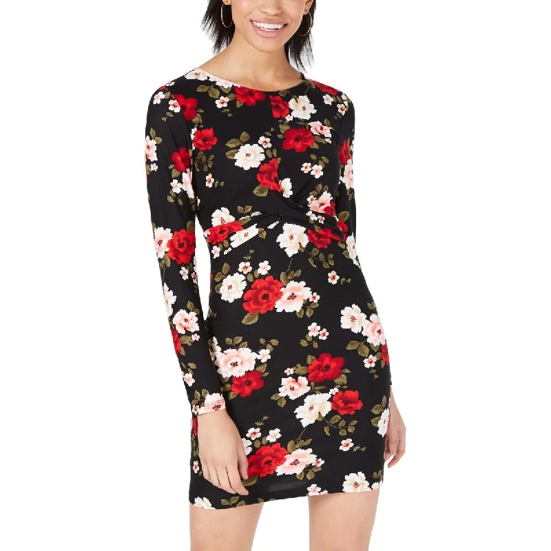 women's apple-shaped body dressesPlanet Gold Women's Juniors Floral Print Twist Front Long Sleeve Mini Dress