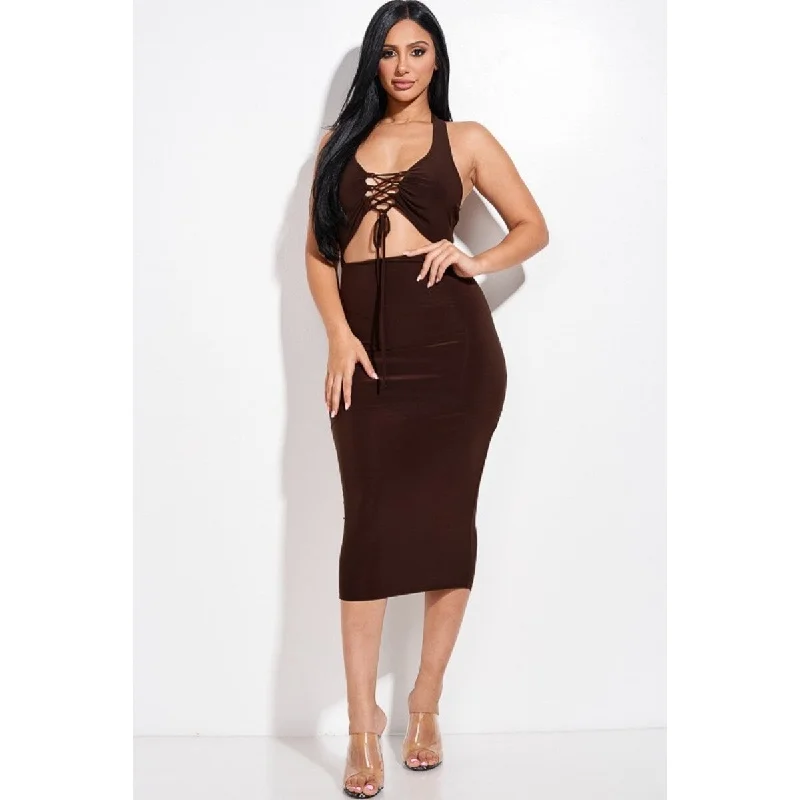 Laced-Up DressChocolate Solid Halter Neck Midi Dress With Criss Cross Front And Cutout