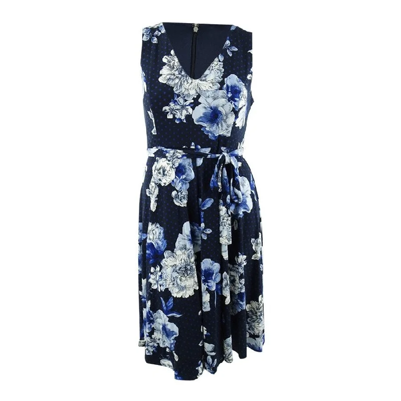 women's flowy dressesTommy Hilfiger Womens Floral V-Neck Fit & Flare Midi Dress, Blue, 14