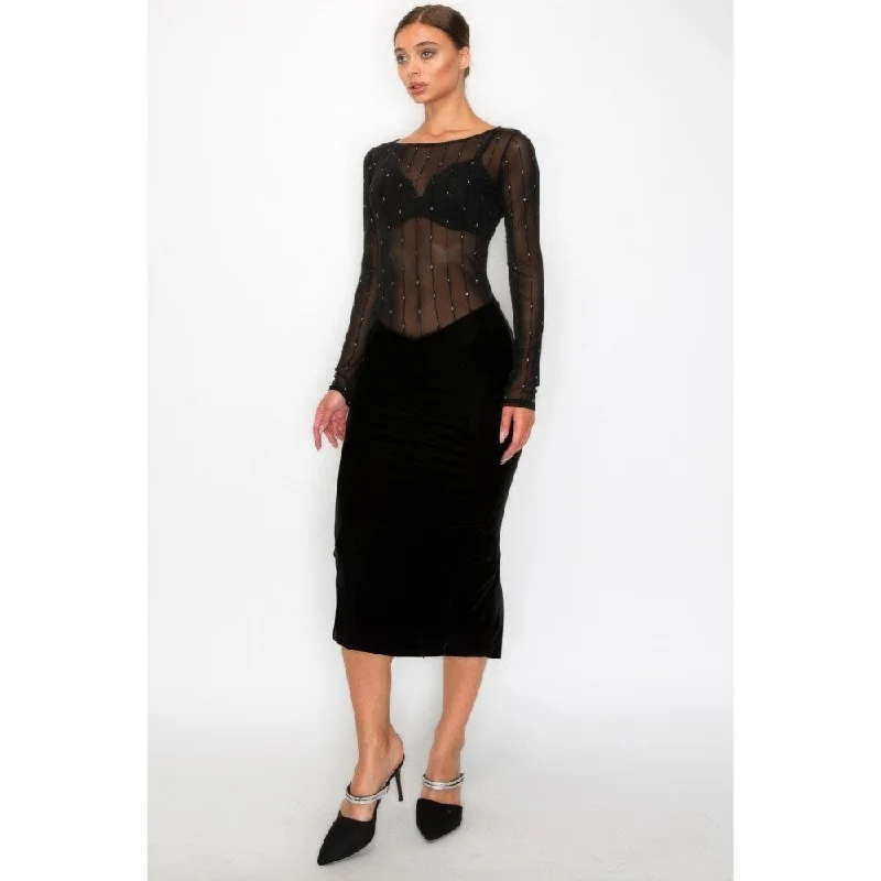 women's bell-sleeved dressesLong Sleeves Black Velvet Sheer Contrast Holiday Midi Dress