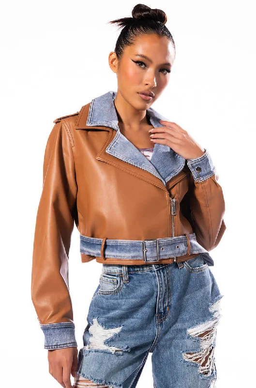 women's coats with asymmetrical hemsDOUBLE TROUBLE DENIM MOTO JACKET