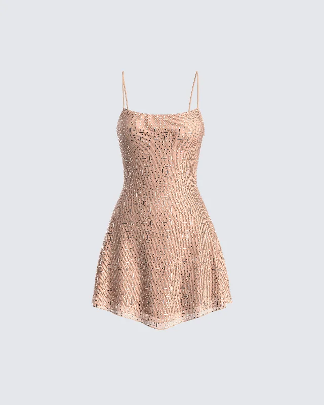 High-Neck DressDaphne Nude Rhinestone Mini Dress