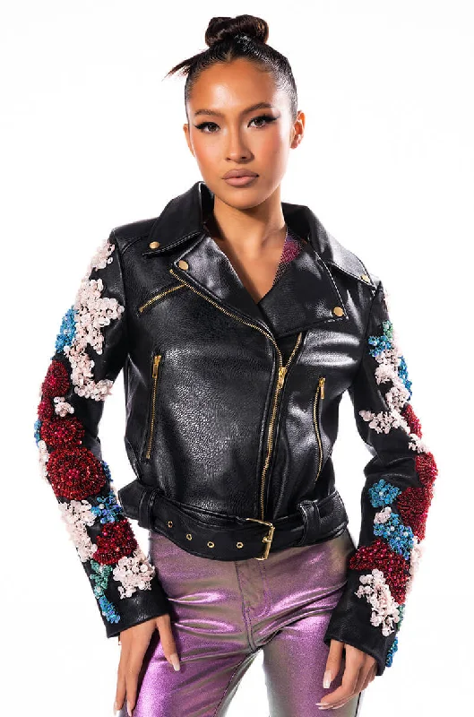 women's coats for black-tie affairsEVERY ROSE HAS A THORN MOTO JACKET