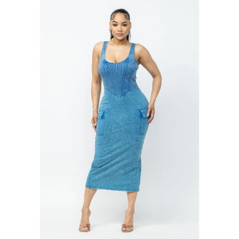 women's empire waist dressesBlue Acid Washed Cargo Midi Dress Perfect for Any Occasion