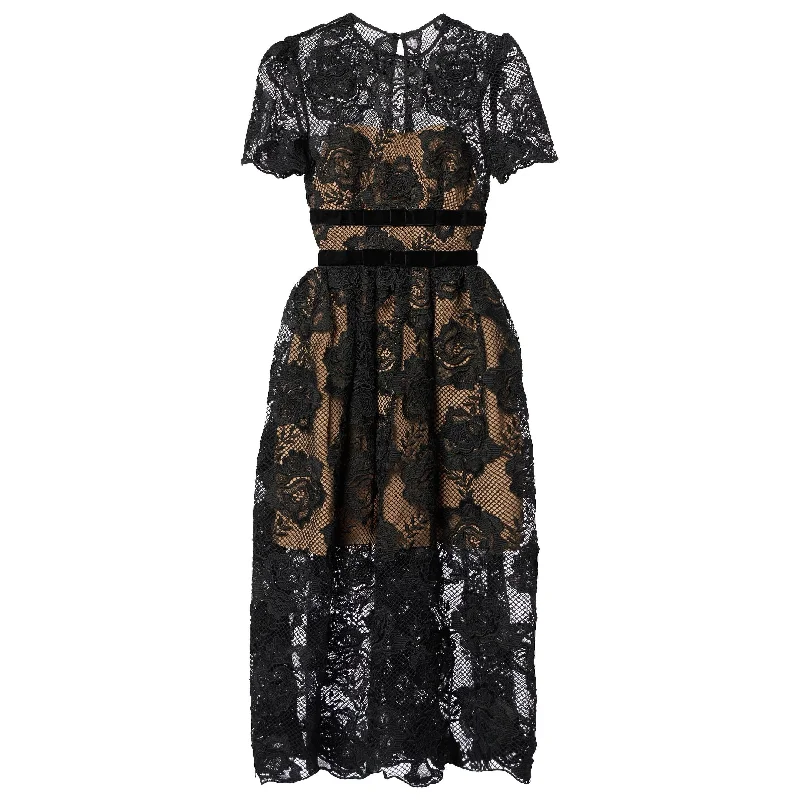 Beaded DressSelf-Portrait Women's Lace Velvet Bow Midi Dress, Black