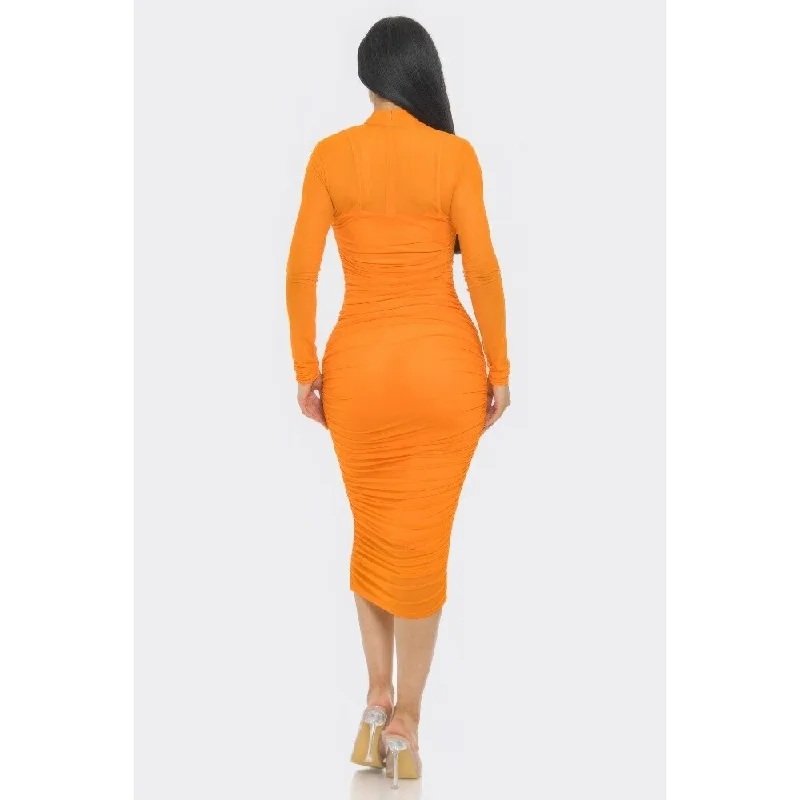 women's bow dressesLong Sleeves With Back Zip Closure Solid Mesh Ruched Midi Dress