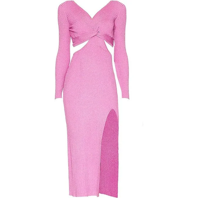 Halter DressLOVESHACKFANCY Women's Bernette Orchid Sparkle Pink Lurex Ribbed Knit Cut Out Midi Dress