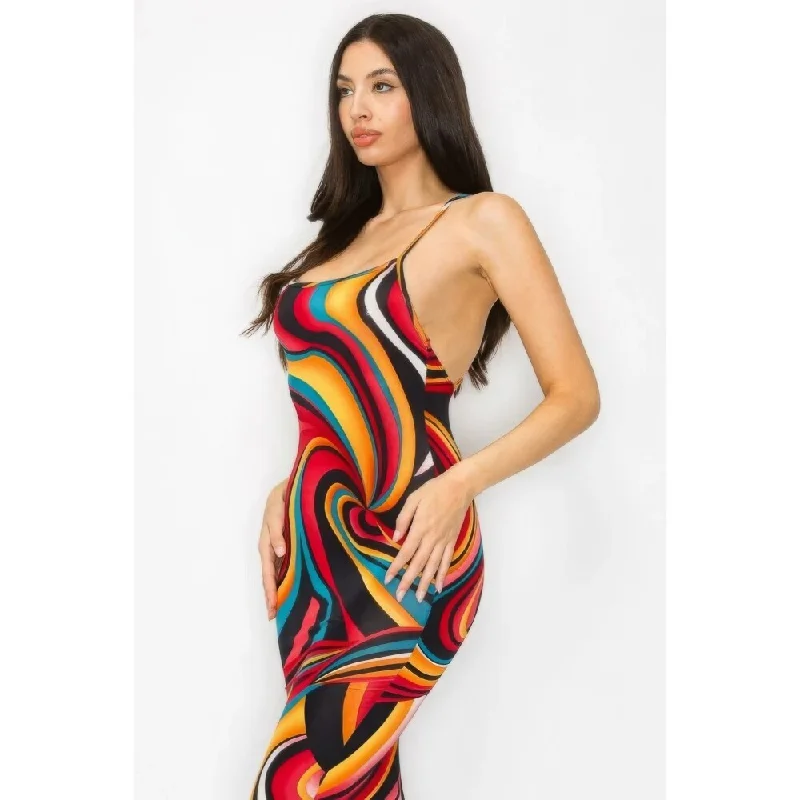 women's luxury dressesPolyester Crossed Back Marble Print Multicolor Midi Dress