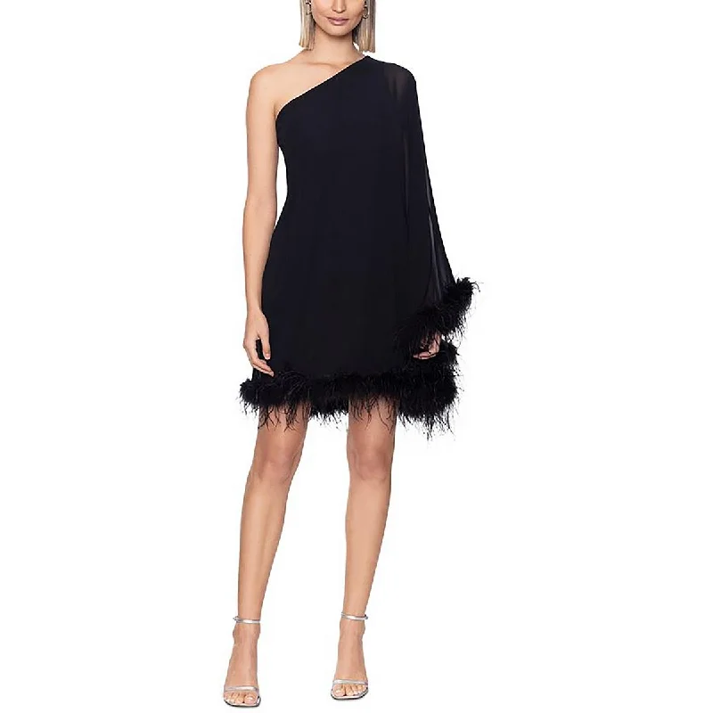 Formal DressBetsy & Adam Womens Feather Trim Mini Cocktail And Party Dress