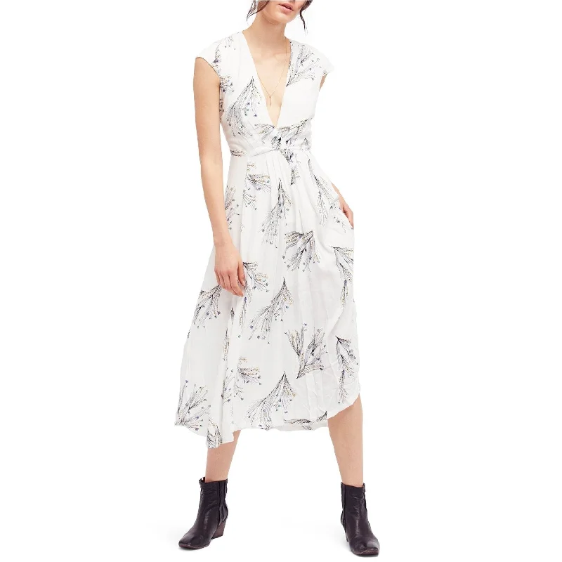 women's chiffon dressesFree People Womens Printed Retro Faux-Wrap Midi Dress, Off-White, 4