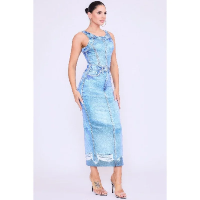 women's designer dressesChic Denim Print Midi Dress, Versatile Style and All Day Comfort