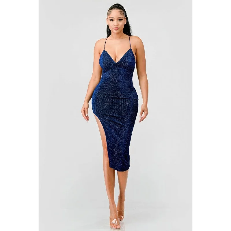 women's hourglass figure dressesSleeveless Sweetheart Neckline Metallic Glitter Midi Dress