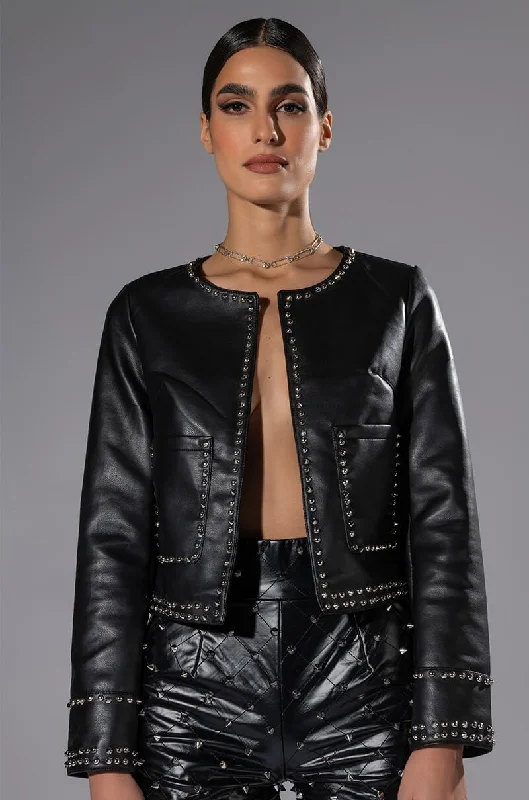 women's coats with cropped lengthsREADY FOR THE PARTY STUDDED PU JACKET