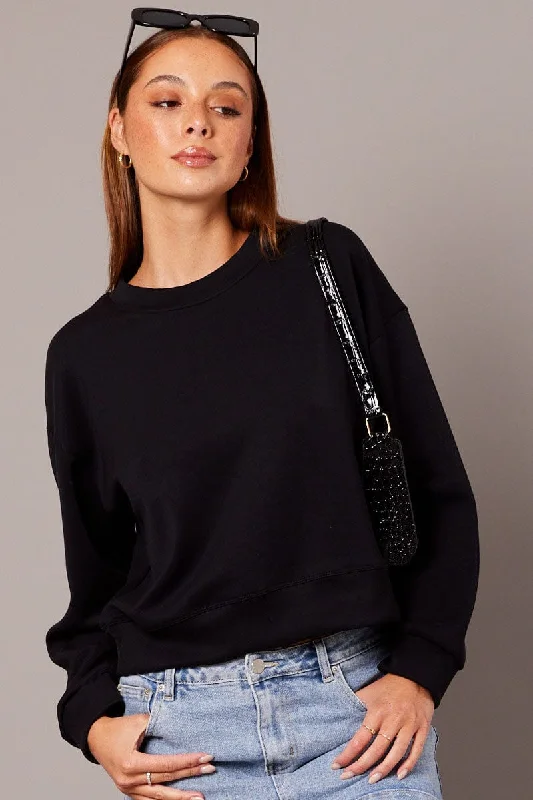 women's tops with sheer overlaysBlack Crop Sweater Long Sleeve Oversized