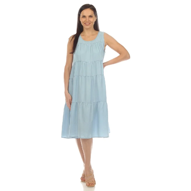 Laced-Up DressWhite Mark Women's Sleeveless Tiered Chambray Midi Dress