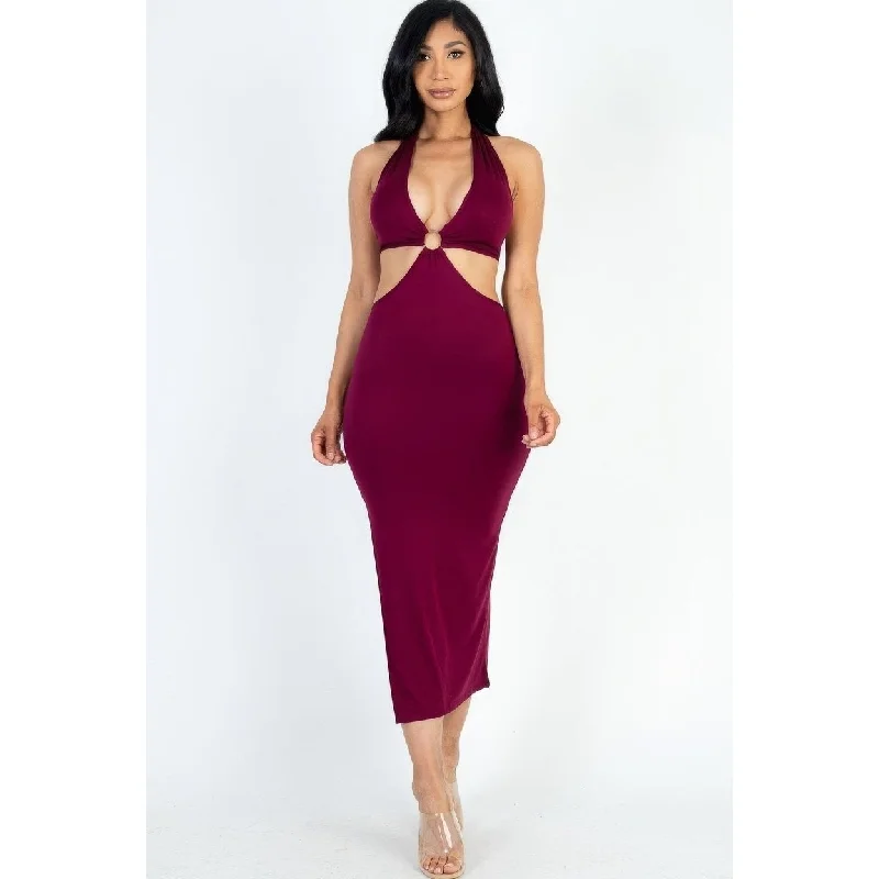 women's wrap dressesCutOut Halter Neck Double Back Tie Split Thigh Midi Dress