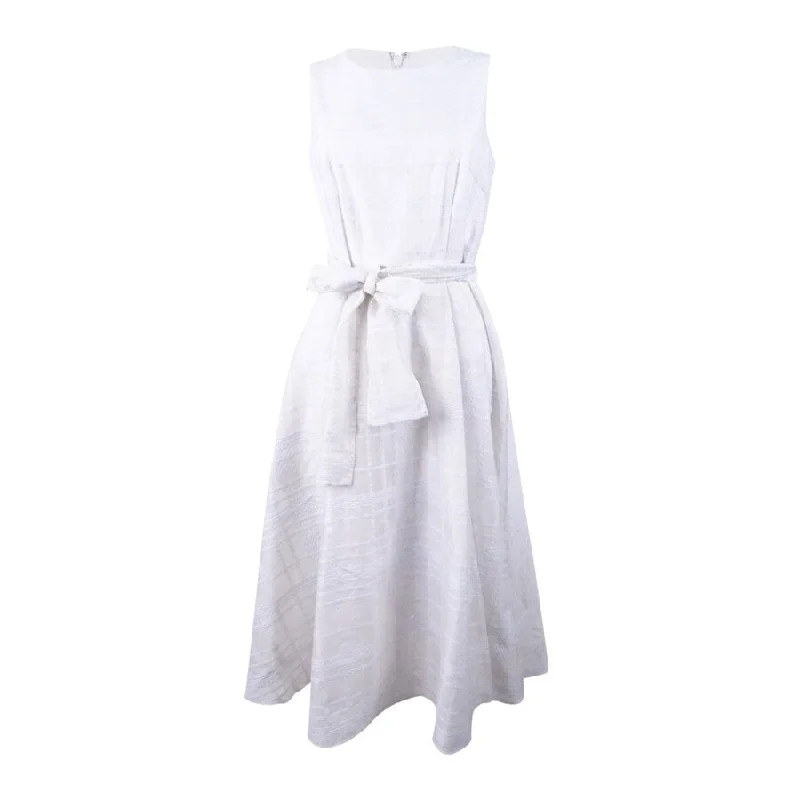 women's striped dressesCalvin Klein Women's Belted Organza Jacquard Midi Dress