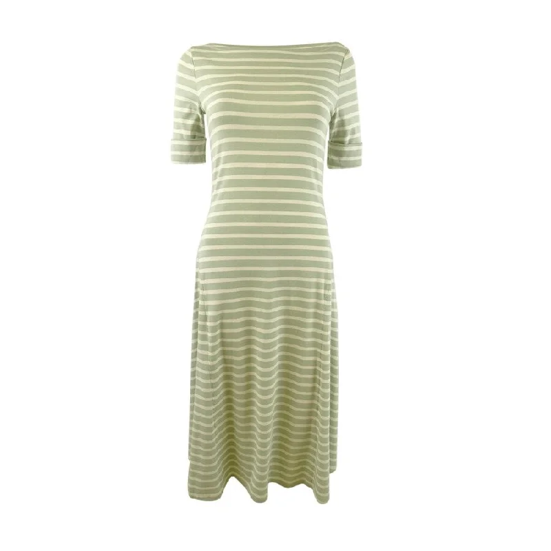 women's stretchy dressesLauren Ralph Lauren Women's Striped Stretch Cotton Midi Dress (S, Sage/Cream)