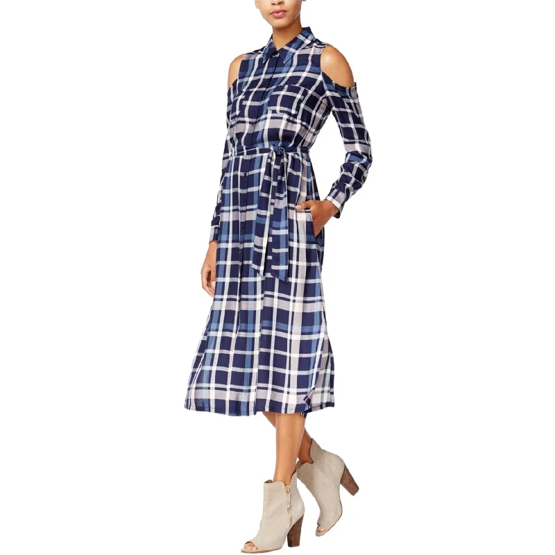 women's wedding guest dressesmaison Jules Womens Cold-Shoulder Plaid Midi Shirt Dress, Blue, X-Large