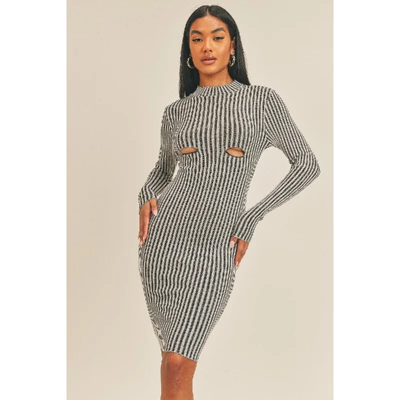 women's retro dressesLong Sleeve Stripe Print Midi Dress