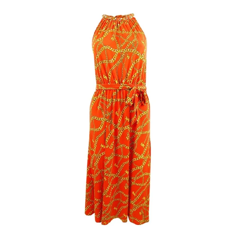 women's lace-up dressesMICHAEL Michael Kors Women's Chain-Print Chain Midi Dress (S, Optic Orange)