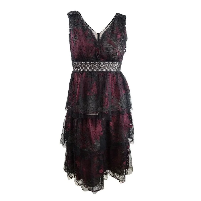 Laced-Up DressTaylor Women's Tiered Lace Tulle Midi Dress (6, Black/Burgundy)