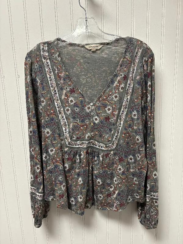 women's tops with lace-up frontsTop Long Sleeve By Lucky Brand In Floral Print, Size: M