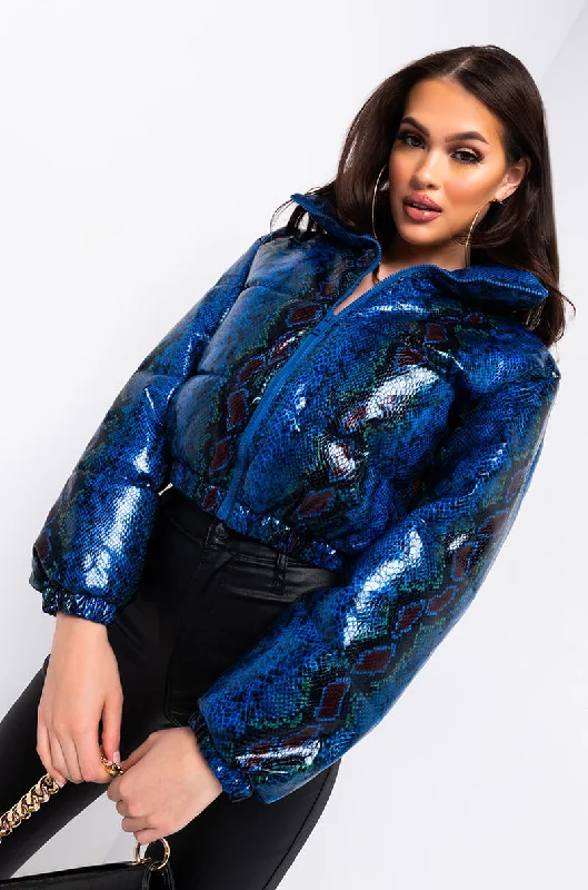 elegant women's coatsAZALEA WANG BLUE PARK SNAKE PUFFER JACKET