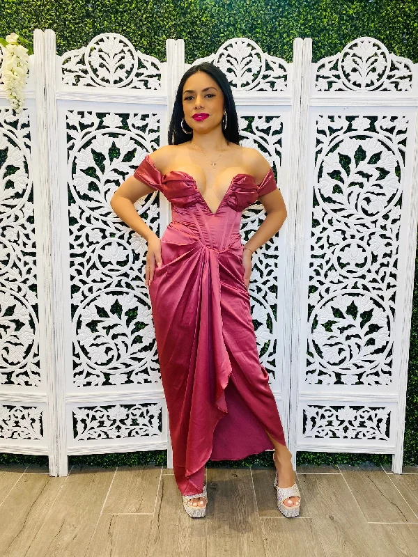 Nursing DressLUXE Satin Corset Off-Shoulder Midi Dress