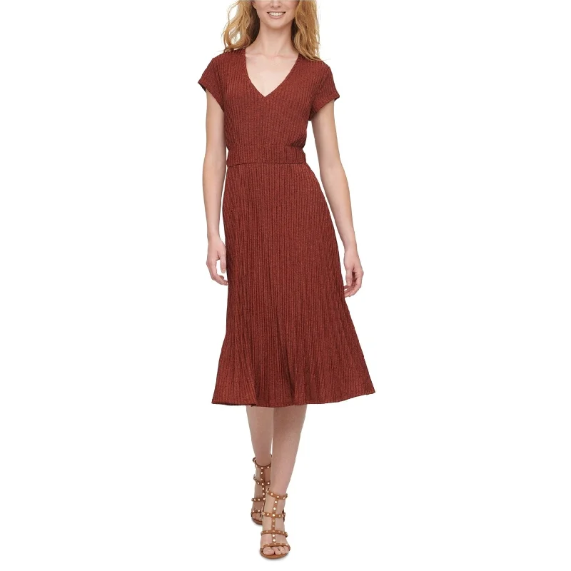 Vintage DressDKNY Womens Textured Knit A-line Midi Pleated Dress, Brown, X-Large