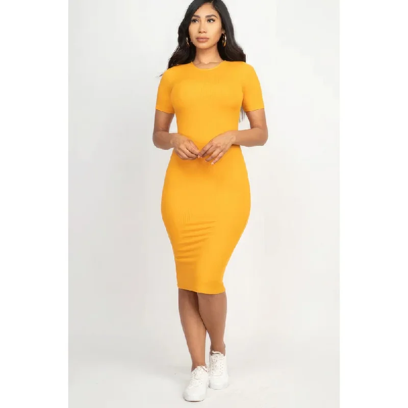 women's wrinkle-resistant dressesRibbed Bodycon Midi Dress with Short Sleeves Perfect for Various Occasion