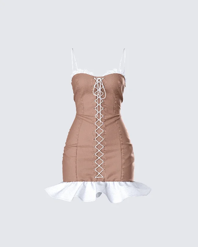 women's empire waist dressesAza Taupe Lace Up Mini Dress