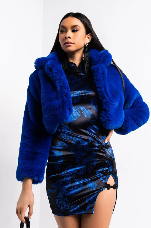 women's bomber jackets and coatsWARM UP CROP FAUX FUR JACKET BLUE