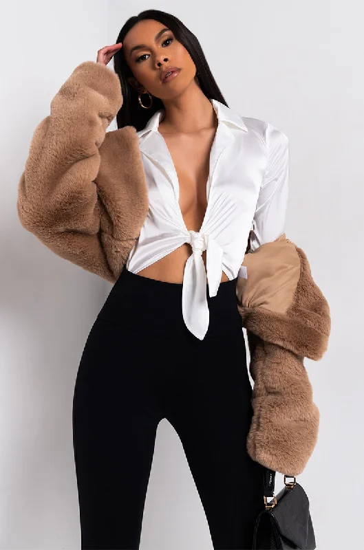 luxury women's coatsWARM UP CROP FAUX FUR JACKET CAMEL