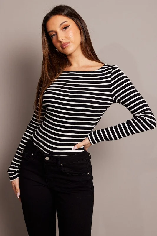 women's tops with ruffled hemsBlack Stripe T Shirt Long Sleeve Boat Neck Longline