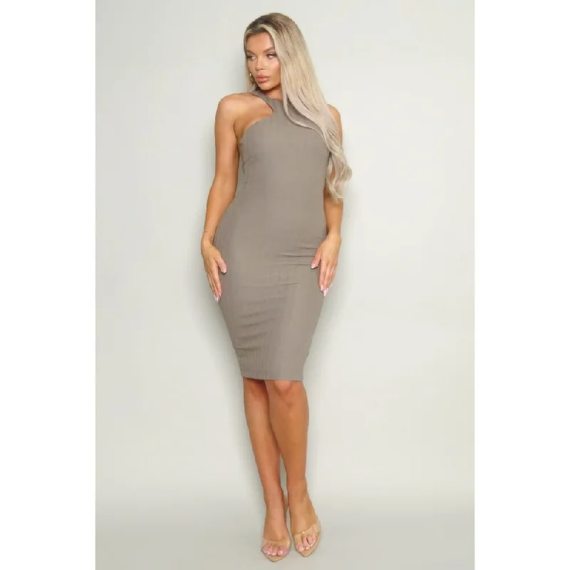 women's sustainable dressesPolyester Racerback Knit Midi Dress with High-Cut Neckline