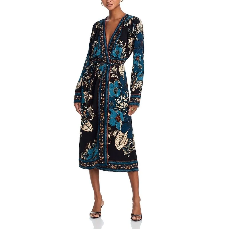 women's flowy dressesFarm Rio Women's Midi Wrap Dress, Blossom Tapestry Black