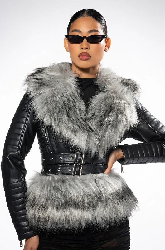 women's coats with satin liningsNEVER CARED WAIST LINED FAUX FUR MOTO JACKET